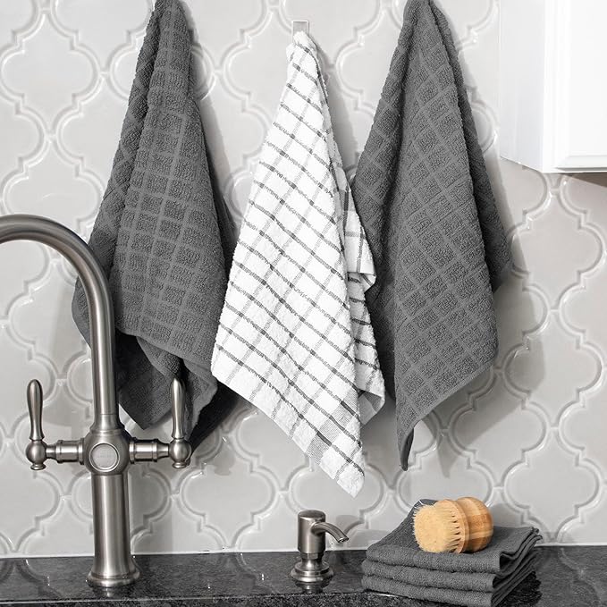 Ritz Premium Kitchen Towel and Dish Cloth Value Set: Highly Absorbent, Super Soft, Long-Lasting, 100% Cotton Checked and Solid Hand Towels, Tea Towels, Bar Towels - 6 Pack, Graphite