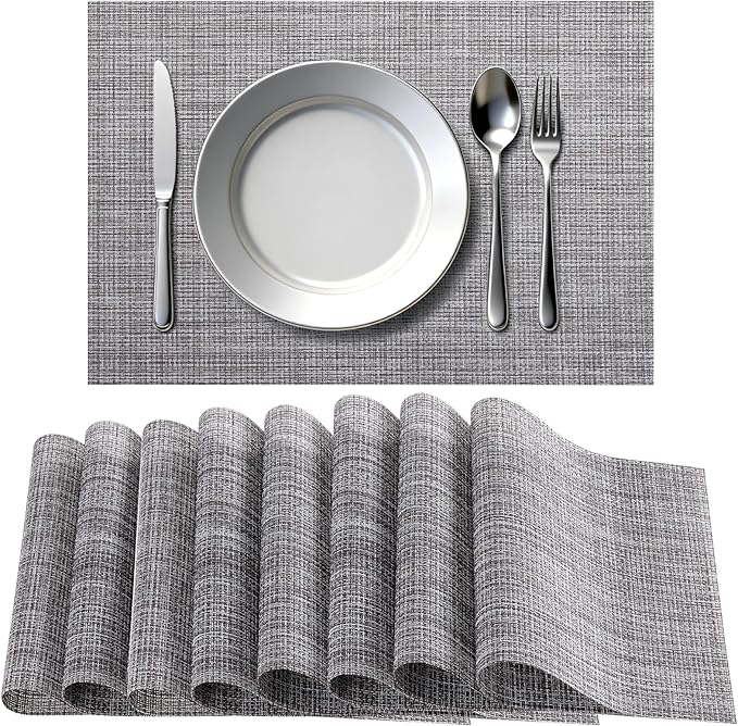 Timeet Placemats Set of 8, Heat Resistant Non-Slip Place Mats, Durable Washable PVC Vinyl Woven Table Mats, Linen Textured Table Placemats for Dining Kitchen Resistant Easy to Clean(Gray)