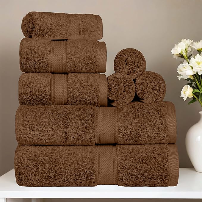 SUPERIOR Egyptian Cotton Pile 8 Piece Towel Set, Includes 2 Bath, 2 Hand, 4 Face Towels/Washcloths, Ultra Soft Luxury Towels, Thick Plush Essentials, Guest Bath, Spa, Hotel Bathroom, Chocolate
