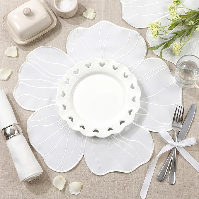 Moukeren Set of 6 Elegant Floral Placemat 16'' Flower Shaped Place Mat Flower Embroidery Table Mat for Wedding Bridal Shower Baby Shower Mother's Day Party Kitchen Dining Table Decor(White)