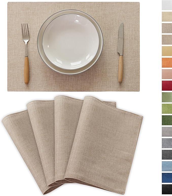 Demetex Linen Placemats Set of 4 Heat Resistant Cloth Placemats Table Place Mats Burlap Plate Mats for Dining Kitchen Banquet, Light Linen
