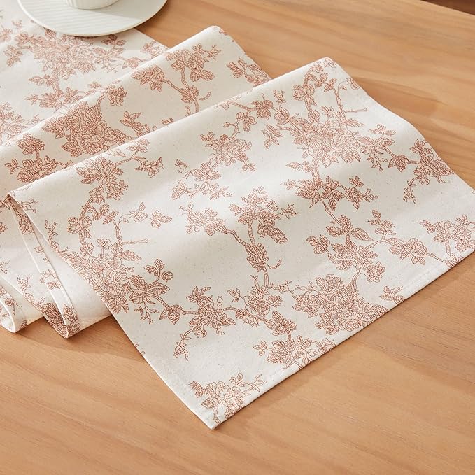 100% Cotton French Pastoral Table Runners, 13x36 Inch Terracota Farmhouse Table Runners 36 Inches Long, Vintage Flowers Print Home Decors