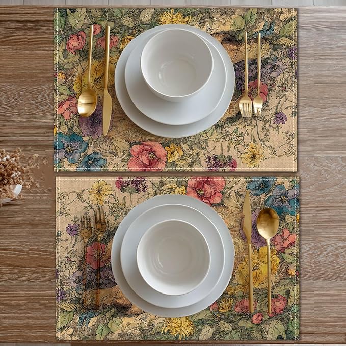 HOMETITUTE Placemats Set of 4 12x18 inch Dog Pattern Spring Table Mats for Dining Table Linen Placemats Farmhouse Decorations Kitchen Decor Desk Mat for Outdoor Home Party Kitchen Seasonal Dining