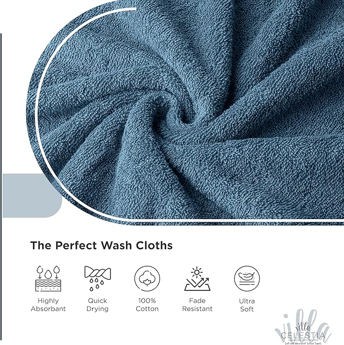 100% Cotton Wash Cloth for face & Body Set of 12, (12 x 12 inches) Sustainable, Soft, Highly Absorbent, Combed Cotton Wash Cloths Pack of 12 for Hotels, Spa, Bathroom, Dorm, Blue
