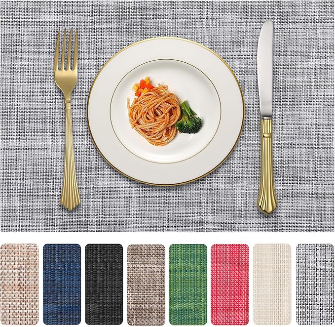 Vinyl Placemats Set of 8, PVC Woven Washable Non-Slip Table Mats, Heat Resistant Wrinkle Free Place Mats for Dining Table, Easy to Clean (8, Light Grey)