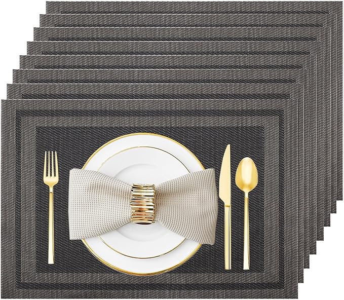 Placemats Set of 8 Washable&Wipeable Place mats for Dining Table Kitchen Indoor Outdoor Table Mats Heat Resistant Non Slip Woven Vinyl Table Placemats (Black，8PCS)