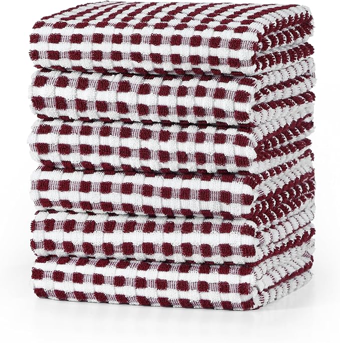 SALAS Cotton Dish Towels Cloths for Kitchen Drying Dishes, Lattice Terry Kitchen Towels, Absorbent Cloths with Hanging Loop, 16‘’ x 26‘’, 6 Packs, Wine Red