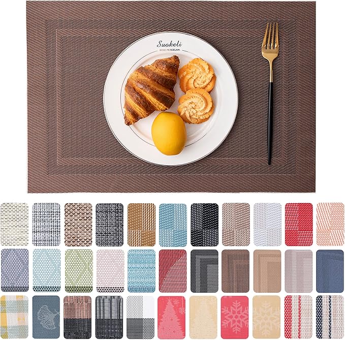 CADONO Placemats Set of 6 Washable Indoor/Outdoor Vinyl Place Mats for Dining Table Durable Non-Slip Heat Resistant PVC Weave Table Mats（Simple Style-Coffee-Colored）