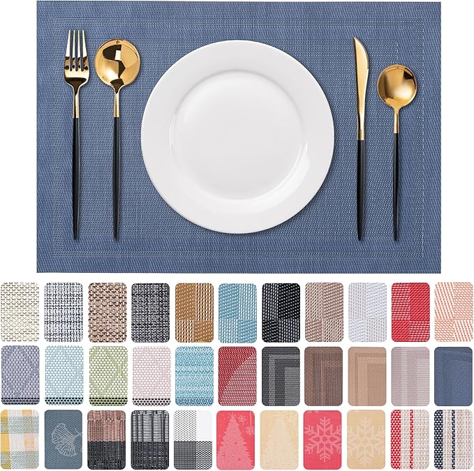 CADONO Placemats Set of 6 Washable Indoor/Outdoor Vinyl Place Mats for Dining Table Durable Non-Slip Heat Resistant PVC Weave Table Mats（Simple Style-Deep Gray）