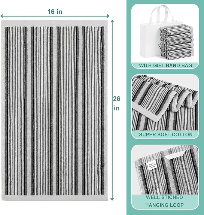 SALAS Premium Kitchen Dish Towels for Drying Dishes, Large Cotton Kitchen Towels, Stripped Terry Dish Cloths, Thick Highly Absorbent Towel Sets with Hanging Loop, 16" X 26", 6 Packs Grey