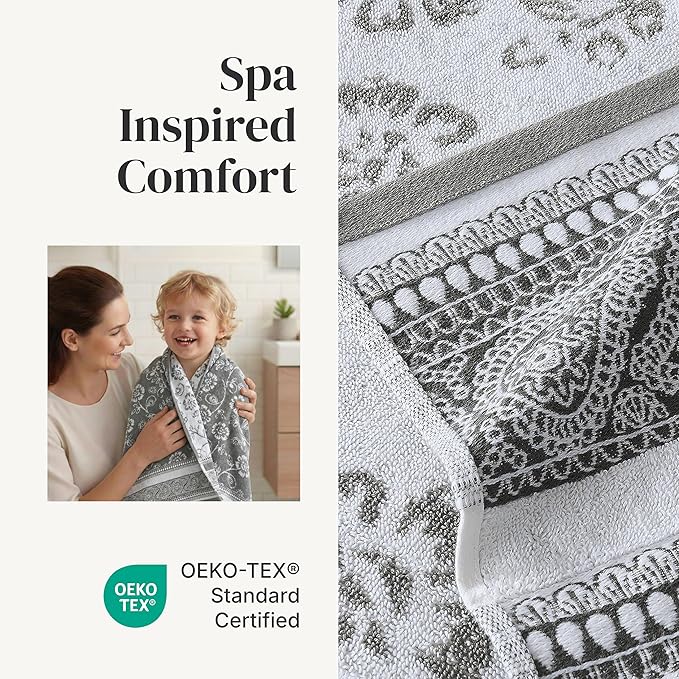 Modern Threads Floral Trail 6-Piece 100% Cotton Towel Set – Reversible Yarn Dyed Jacquard – Includes 2 Bath Towels, 2 Hand Towels, 2 Washcloths – Absorbent, Quick Dry, Soft & Durable – Gray