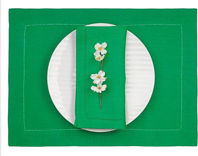 D'Moksha Homes Linen Placemats Set of 4 - Classic Hemstitch Kelly Green Placemats 14 x 19 Inch - 100% Pure Linen Table Mats for Mothers Day - Handcrafted and Machine Washable