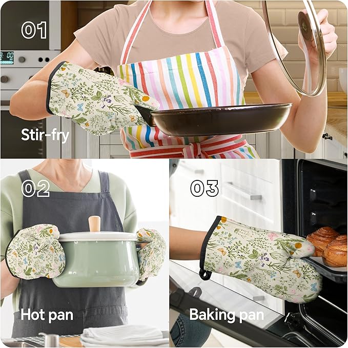Vintage Wild Floral Oven Mitts and Pot Holders Sets Green Botanical Butterfly Kitchen Oven Gloves Hot Pads Farmhouse Potholders and Kitchen Mitts 4Pcs for Baking Cooking BBQ (Beige)