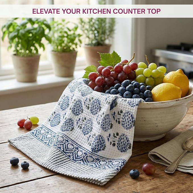 ATOSII 100% Cotton Hand Block Print Waffle Kitchen Towel, Set of 3, 18 x 26 Inches Ultra Absorbent Quick Dry Dish Towels, Lightweight Reusable Sustainable Tea Towels for Cleaning and Drying, Roma Blue