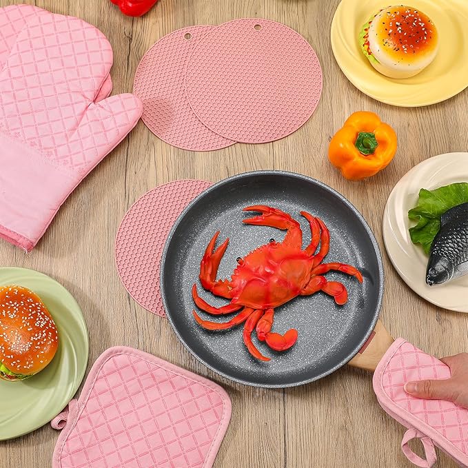 Pink Oven Mitts and Pot Holders 7 Sets, Heat Resistant Kitchen Gloves Pads Potholders for Women Gifts Pot Holders Kitchen Accessories Gift(Pink,Rubber Cotton,Honeycomb)