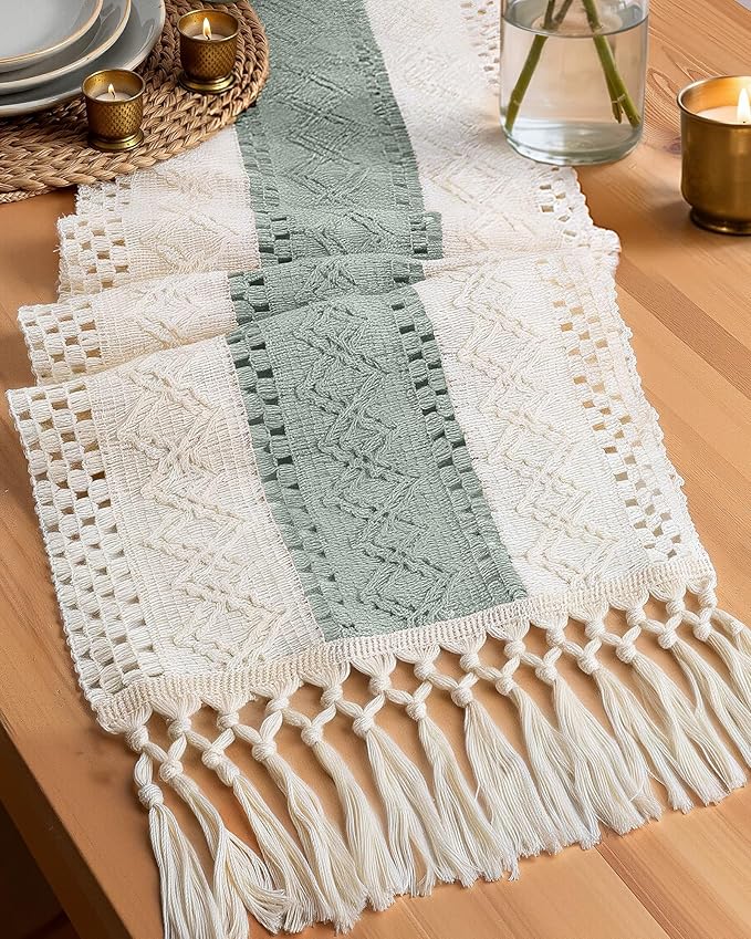 Pureegg Farmhouse Boho Table Runner - 72 Inches, Linen-Textured Woven Tassel Design for Dining Table Decor, Kitchen, Coffee Table & Living Room, 12 x 72 Inch, Sage Green