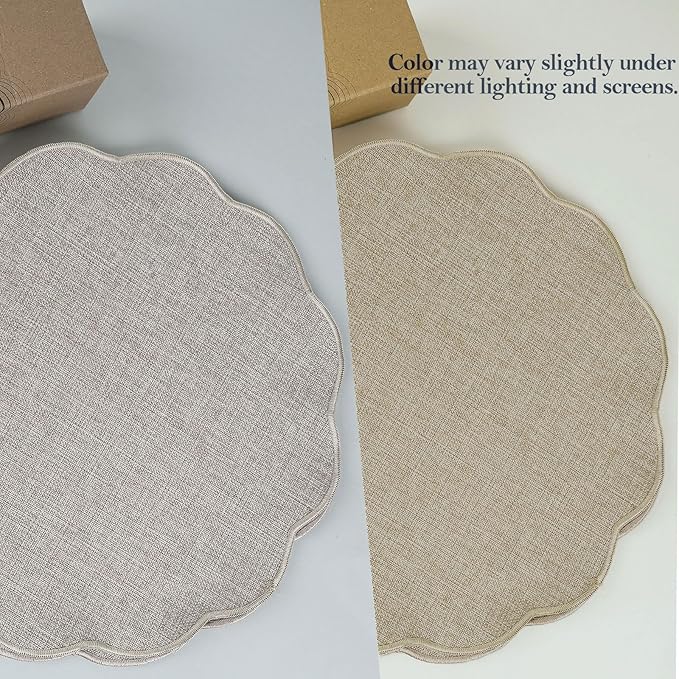 AHHFSMEI Round Faux Linen Placemats Set of 8 Heat Resistant Non-Slip Stain Proof Table Mats for Kitchen Dining Elegant Decor Place Mats (Linen Beige,8)