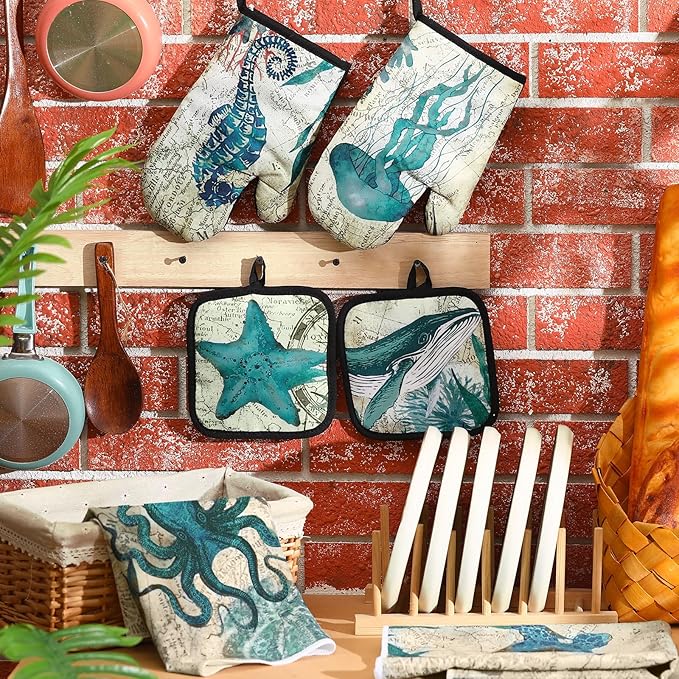 6 Pcs Sea Ocean Beach Kitchen Towels Pot Holders and Oven Mitts Set Coastal Dish Towel Ocean Animal Oven Gloves Heat Resistant Potholders for Kitchen Summer Cooking Gift