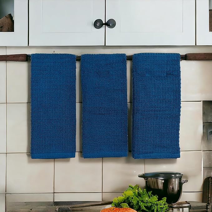 Serafina Home Waffle Blue Kitchen Dish Towels 100% Cotton Cloth Soft Cleaning Drying Absorbent Terry Box Loop: Set of 3 Multipurpose for Everyday Use, 18" x 28" (Blue Box)