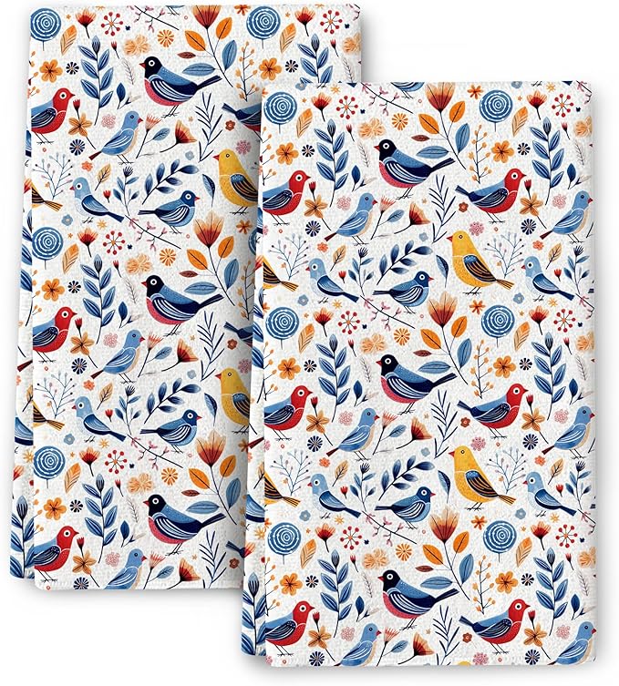 Floral Birds Kitchen Towels Decorative Set of 2 with Hanging Loop, Absorbent Spring Summer Dish Towels for Kitchen,Birds Lover Gifts Farmhouse Tea Towels Hand Towels for Kitchen Decor
