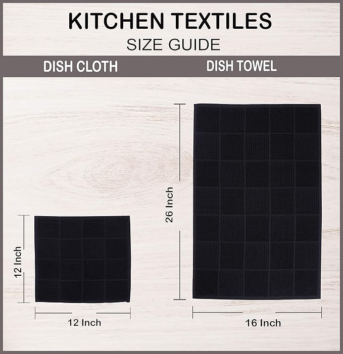 AMOUR INFINI Kitchen Towels Pack of 4, Terry Cotton Dish Towels, Ultra Absorbent, Quick Drying Hand & Tea Towels, Soft Durable Cleaning Cloths with Hanging Loop, 16 x 26 Inch (Black)
