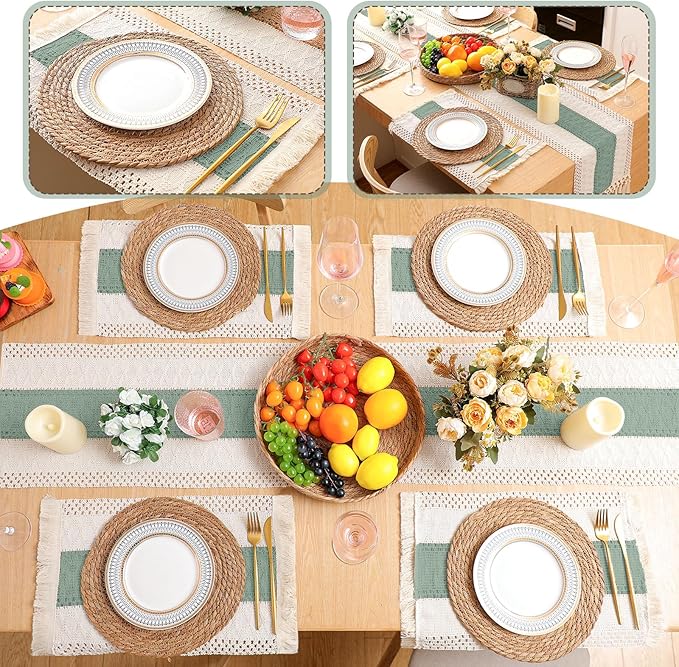 Boho Placemats 4/6/8 Set of Round Woven Placemat Macrame Style Bicolor Stitching Long Table Runner Farmhouse Rustic Natural Burlap Cotton for Kitchen Dining Table(4 Sets,Green,12x72)