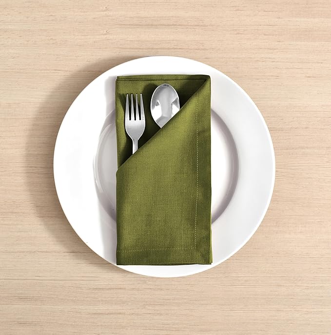 FINGERCRAFT Dinner Cloth Napkins, Cotton Linen Blend Mitered Corner Napkins Cloth 12 Pack Natural Premium Quality for Every Day Use, Parties, Easter, Thanksgiving, Weddings, 18x18 inch Olive Green
