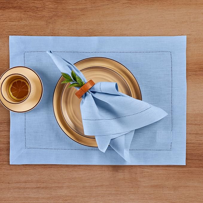 Solino Home Linen Cloth Placemats Set of 4-100% Pure Linen Hemstitch Cornflower Blue Placemats 14 x 19 Inch - Classic Hemstitch Table Place Mats for Spring, Summer, Mothers Day