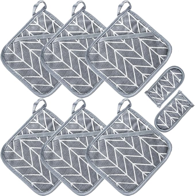 Heat Resistant Potholders Hot Pads-6 Kitchen Pot Holders Set with 2 Pan Hot Handle Holders Trivet for Cooking and Baking,with Recycled Infill Terrycloth Lining(Grey,8 Piece)