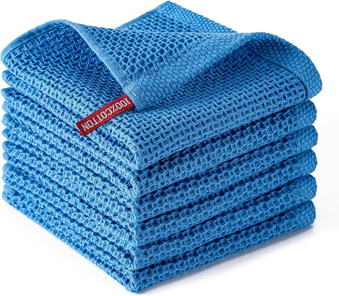 BOOMIBOO 6-Pack Kitchen Dish Cloths, 100% Cotton Waffle Weave, Ultra Soft Absorbent, Quick Drying Dish Towels, 12x12 Inches,Blueberry