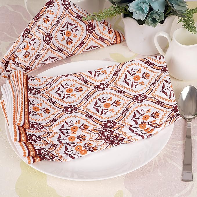 FINGERCRAFT Cloth Napkins, Set of 12 Cotton Linen Blend Printed Dinner Napkins Cloth Mitered Corner Perfect for Parties Dinners Weddings Cocktail Christmas Easter 20x20 Damask Orange