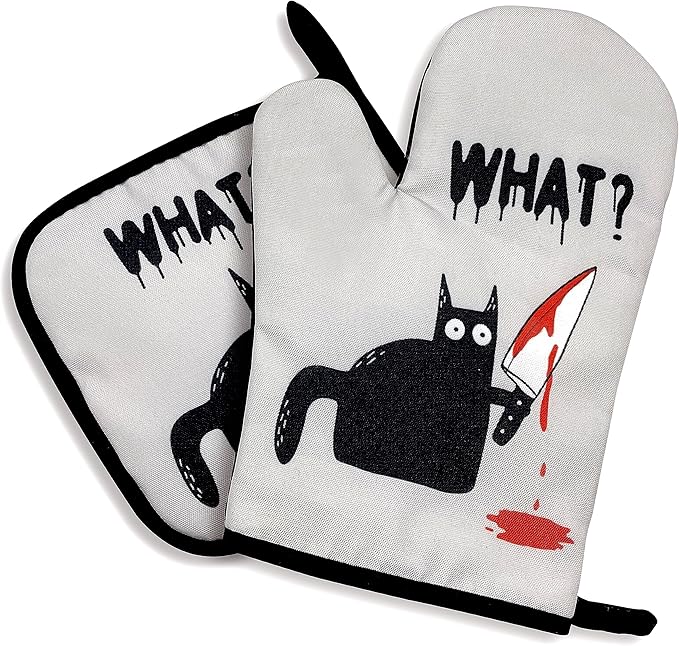 zcyhtqp, What? Funny Silicone Non-Slip Oven Mitts and Pot Holders Sets of 2, Cat Oven Mitts, Bake Lover Gift, Kitchen Gift for Cat Owner, Cat Mom