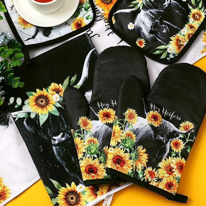 Leinuosen 6 Sunflower Cow Kitchen Towels Kitchen Decor and Accessories Set Floral Plant Oven Mitts and Pot Holders Sets Farmhouse Absorbent Dish Towels for Cooking Baking Grilling