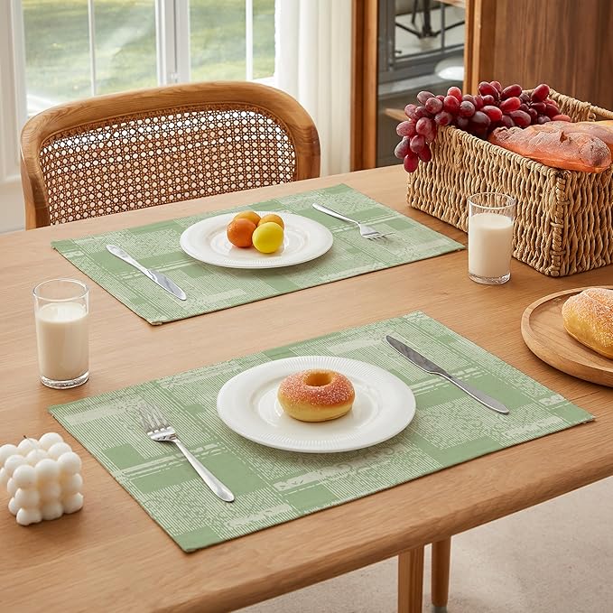 LilyCat Linen Fabric Floral Placemats, Green Stripes Durable Boho Dining Table Mats for Kitchen, Rustic Vintage Washable Place Mats Set of 4, 18’’× 12’’