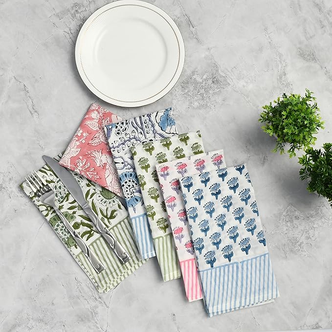 CPC Stripe Border Indian Block Print Cotton Cloth Napkins Set of 4, 18x18 Reusable Everyday Napkins, Soft, Absorbent, Floral Dinner Napkin, Holiday, Party Gift, Spring,Mother's Day