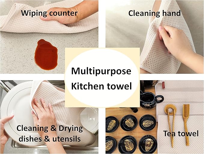 Kitchen Hand Towels 100% Cotton Waffle Weave Dish Towel for Cleaning Drying - Extra Absorbent and Soft - 13 x 28 inch (Beige-8 Pack)