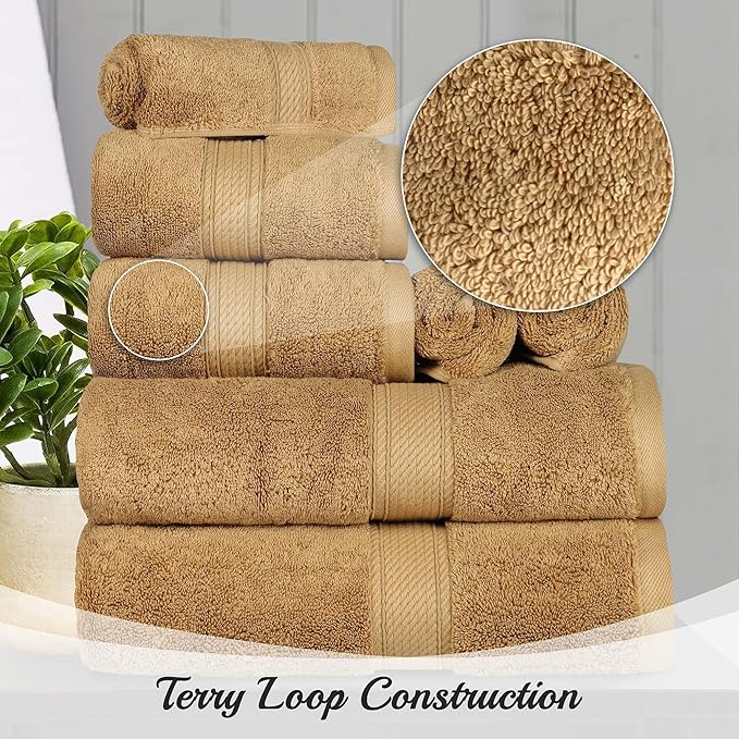 SUPERIOR Egyptian Cotton Pile 8 Piece Towel Set, Includes 2 Bath, 2 Hand, 4 Face Towels/Washcloths, Ultra Soft Luxury Towels, Thick Plush Essentials, Guest Bath, Spa, Hotel Bathroom, Toast