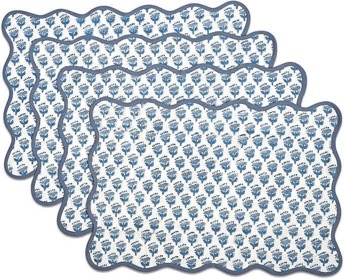 CPC Cotton Placemats Apatite Blue Set of 4-Hand Block Printed Reversible Placemats, Flower Scalloped & Embroidered Cloth Table Mats - 14 x 20 inch Gift for Spring, Mother's Day