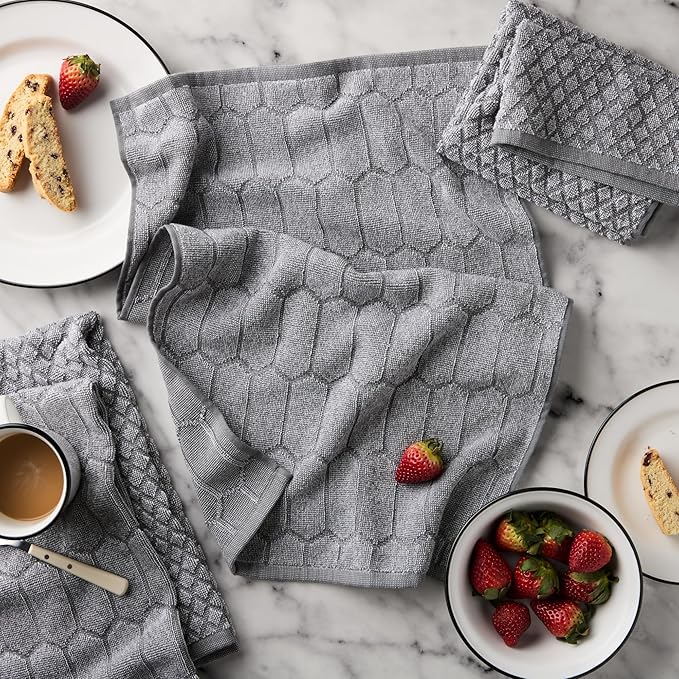 Martha Stewart Honeycomb Chambray Textured Kitchen Towel 4-Pack Set, 100% Cotton with Absorbent Terrycloth, Decorative Kitchen Towels, Grey, 16"x28"