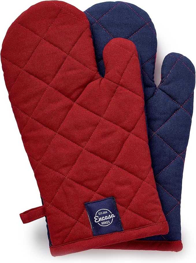 Encasa XO Heat Resistant Cotton Oven Gloves Mitts (2 Pc Set) - Quilted & Safe 12x6.6 in - for Kitchen, Cooking & Baking, Grilling, Handling Hot Pots & Pans - Red