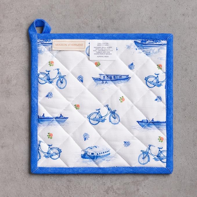 Maison d' Hermine Pot Holders 100% Cotton Heat Resistant Potholders 8" x 8" Hot Pads with Loop Cooking Baking Gifts for Mothers Day Handling Hot Pans Spring/Summer (Pack of 2, Amsterdam Canals)