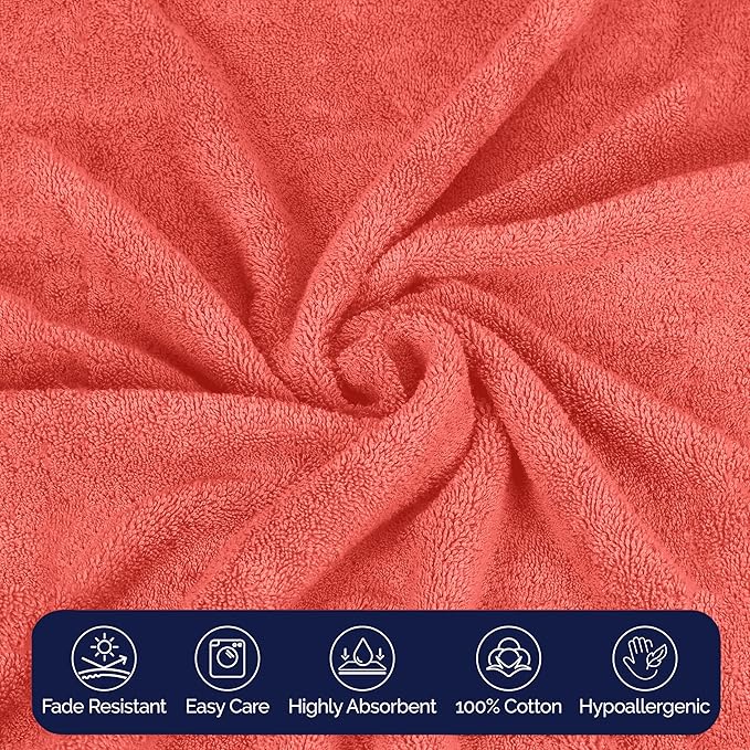 Elegant Comfort Premium Cotton 8-Piece Towel Set, Includes 4 Washcloths, 2 Hand Towels and 2 Bath Towels, 100% Turkish Cotton - Highly Absorbent and Super Soft Towels for Bathroom, Coral