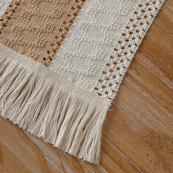 Keketoarrange Boho Table Runner Cream Beige Brown for Home Decor 12x48 Inches Farmhouse Small Macrame Woven Burlap Rustic Coffee Table Runner Dresser Scarf Dining Kitchen Centerpiece Bohemian Decor
