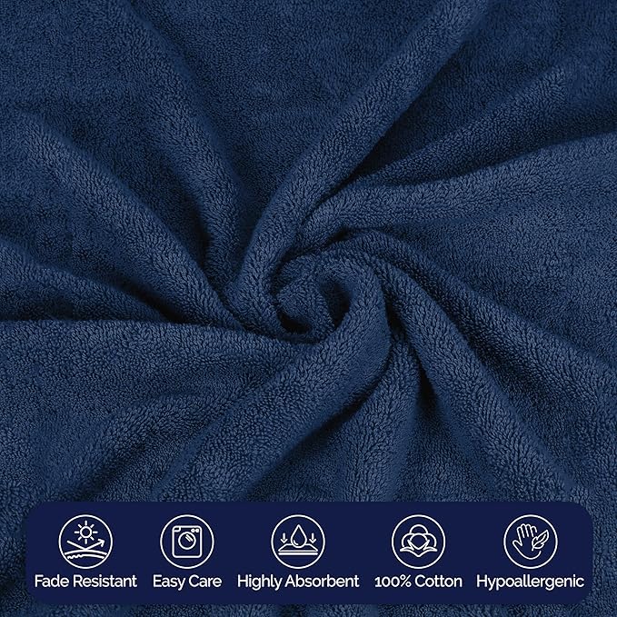 Elegant Comfort Premium Cotton 8-Piece Towel Set, Includes 4 Washcloths, 2 Hand Towels and 2 Bath Towels, 100% Turkish Cotton - Highly Absorbent and Super Soft Towels for Bathroom, Navy