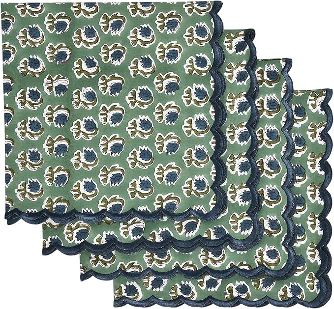 Ridhi Hand Block Print Basil Green 18" x 18" (Set of 4) Embroidery Table Napkins Reusable Cotton Dinner Napkins for Weddings, Parties, Everyday Dining Gift for Spring, Easter, Valentine