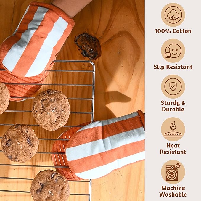 Folkulture Mini Oven Mitts | Heat Resistant 5.75"x9", Set of 2 Orange Oven Mittens for Fall Kitchen Decor | Short Oven Fall Gloves with Hanging Loop | Fall Essentials or Kitchen Mitten for Baking