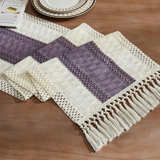 ZeeMart Macrame Style Bicolor Stitching Table Runner, 14 x 90 Inch Purple/Ivory, Boho Purple Table Runners 90 Inches Long, Farmhouse Woven Home Decor