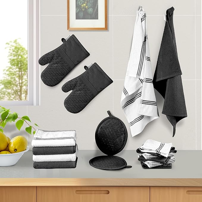 LANE LINEN 16-Piece Kitchen Towels & Dishcloths Set – Heat Resistant Silicone Oven Mitts, Pot Holder & Absorbent Terry Dish Towels – Black