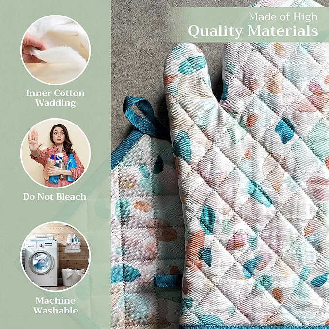 Maison d' Hermine 100% Cotton Oven Mitt & Pot Holder Set (7.5"x13" & 8"x8") Heat Resistant BBQ Cooking Gloves with Loop Baking Grilling Kitchen Gifts for Mothers Day Spring/Summer (Summer Picnic)