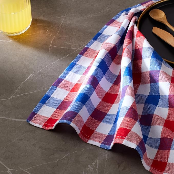 Cloth Napkins Set of 12, 100% Cotton Dinner Napkins 18x18 Inch, Soft Absorbent Gingham Check Napkin for Restaurant, Table Décor, Reusable Washable for Everyday Use - Red/Blue/White